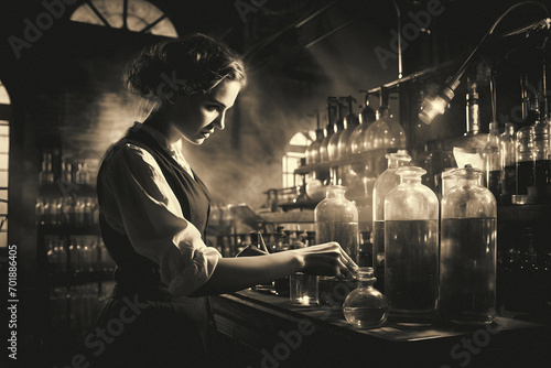 Female scientist in the 1900s working in a laboratory