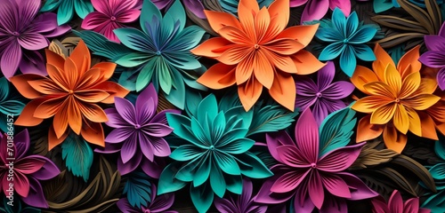 Vibrant tropical floral pattern on a 3D wall texture