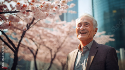 Modern happy smiling elderly man with gray hair against the background of pink cherry blossoms and metropolis city.