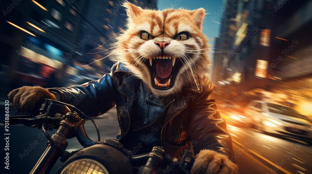 A biker cat on a motorcycle