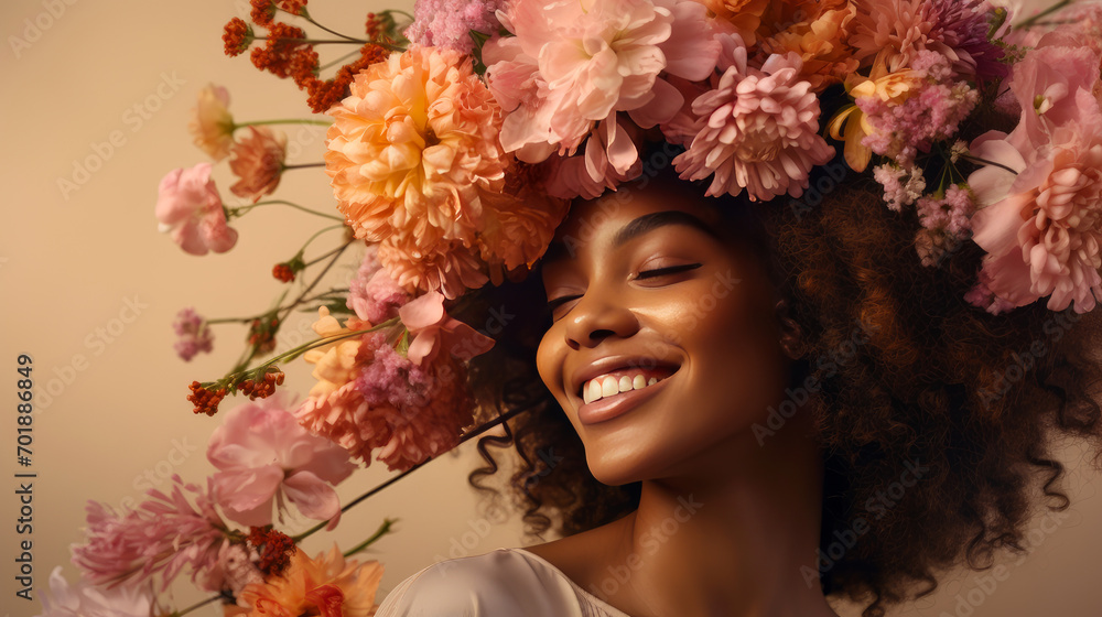 A dark-skinned African woman with her head covered with spring flowers on a light beige background.