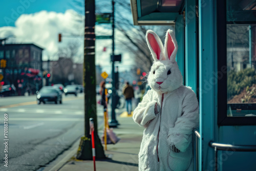 Person in a easter bunny costume standing on a street photo