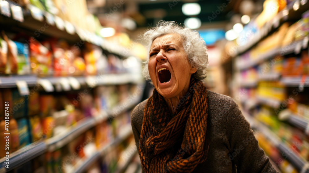 Senior woman shouting in department store