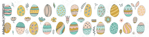 multicolored Easter eggs with botanical elements set doodle style. Happy easter hand drawn isolated on white background. Spring holiday. Happy Easter. Vector Illustration.