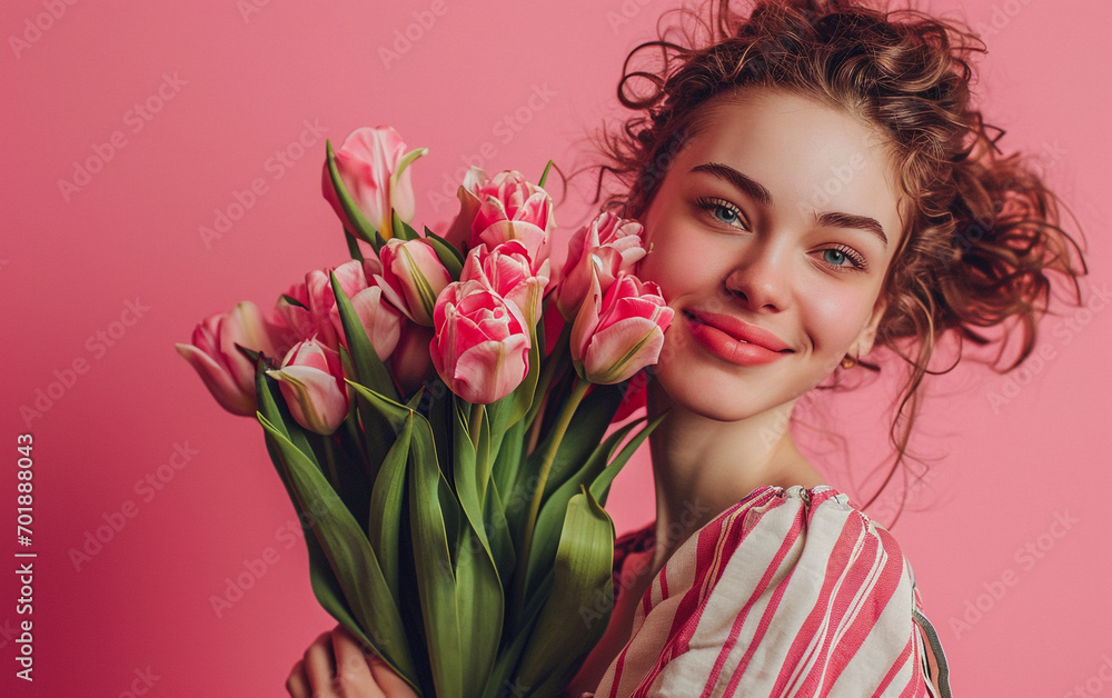 International Women's Day. Happy woman is smelling a bunch of spring flowers, which she is holding in her hands. 8 march. International Women's Day. Happy woman is smelling a bunch of spring flowers, which she is holding in her hands. 8 march.