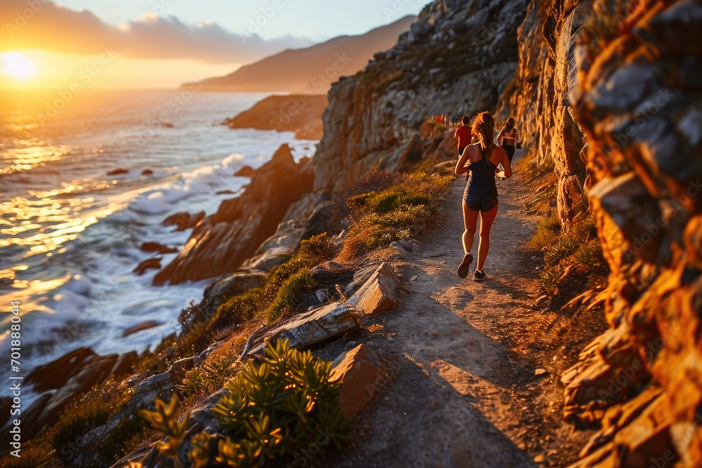 A woman running on a coastal trail next to the ocean during a beautiful sunset, depicting health and an active lifestyle.