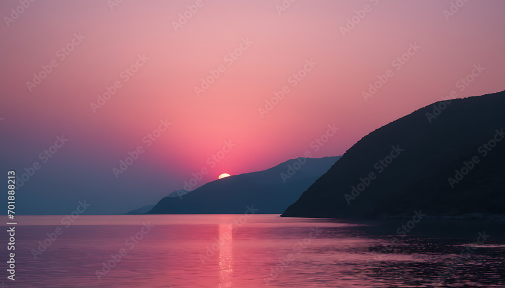  Soft gradients of pink and magenta transition into a tranquil blue, capturing the essence of a serene horizon at dawn or dusk. 