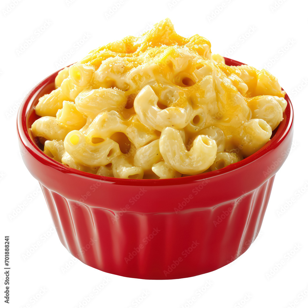 creamy macaroni and cheese in red bowl isolated on transparent background