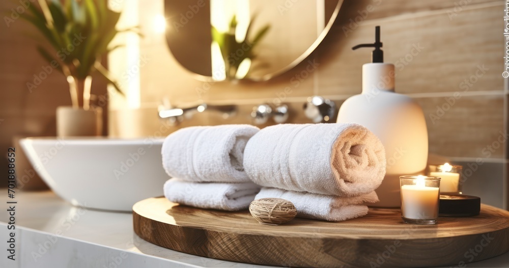 Spa essentials and towels on wooden tray in bathroom, essential oil. Warm lighting in spa resort, Spa products set conception. Generative AI - obrazy, fototapety, plakaty 