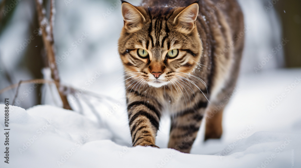 A brown striped cat cautiously walks forward
