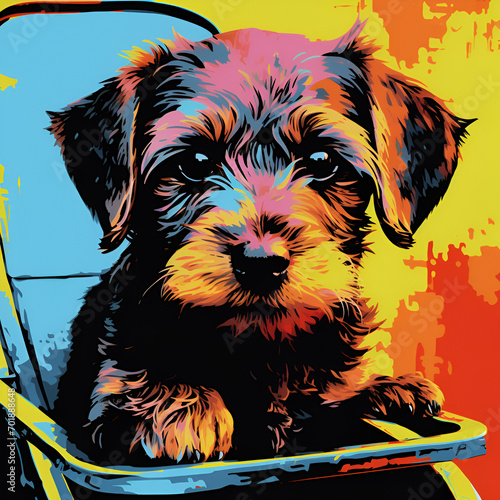 Retro pop art portrait dog puppy in a buggy late 80