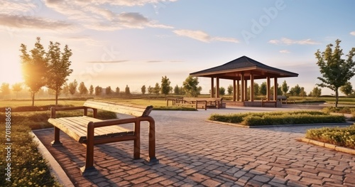 Summer houses with benches with sunset sky background in the park. Generative AI