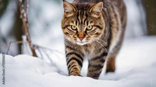 A brown striped cat cautiously walks forward © Data