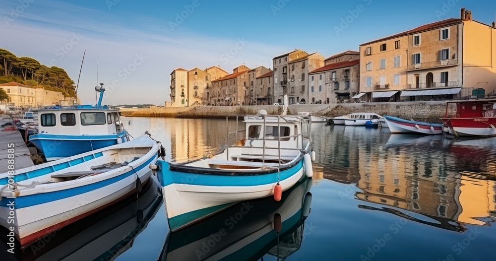 Boats in the small harbor in the old town. Generative AI