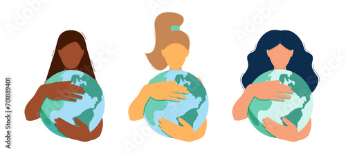 The concept of saving the planet. Earth Day, Save the Earth. Woman hugs the planet Earth. Vector isolated illustration in faceless style on transparent background.