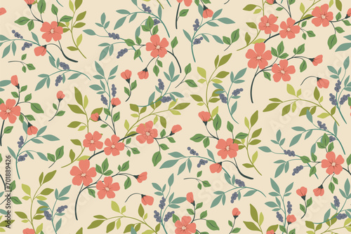 Seamless floral pattern, abstract ditsy print with a delicate spring garden in a vintage motif. Elegant botanical design: small hand drawn flowers, thin branches, leaves on pink. Vector illustration.