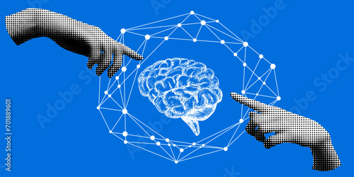 Modern collage with halftone hands and human brain. Retro halftone hands reach out to the brain. Concept of neural connections in the brain. Knowledge concept. Idea generation. Teamwork