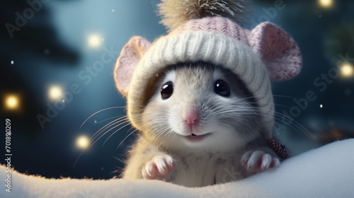 A cheerful cute mouse in a knitted hat