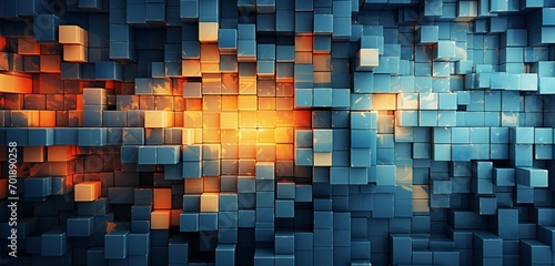 Abstract digital pixel design with geometric shapes in blue and orange on a 3D wall texture, emphasizing abstract digital pixel design