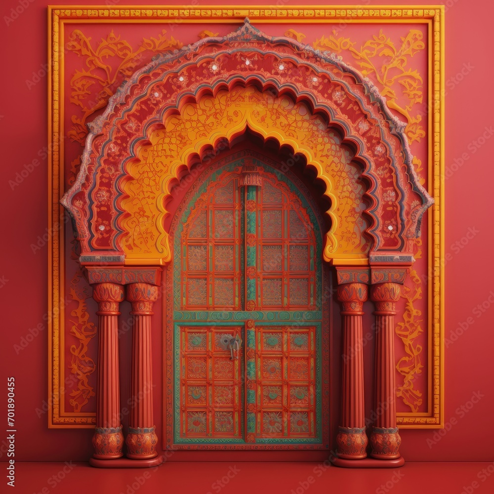 Door Design Indian and Arabic Style Red Yellow Golden White Color LED Wall VJ Created with Generative AI Technology