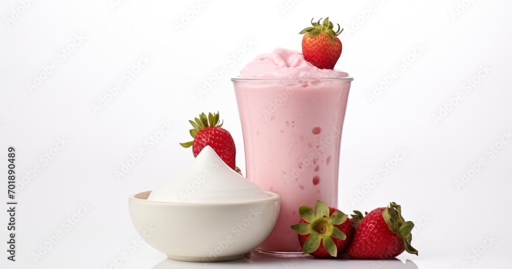 A Luscious Strawberry Yogurt Smoothie, Complete with Bottles of Yogurt and Milk, Set Against a White Backdrop. Generative AI A Luscious Strawberry Yogurt Smoothie, Complete with Bottles of Yogurt and Milk, Set Against a White Backdrop. Generative AI