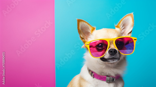 A chihuahua sporting a pair of vibrant sunglasses © Data