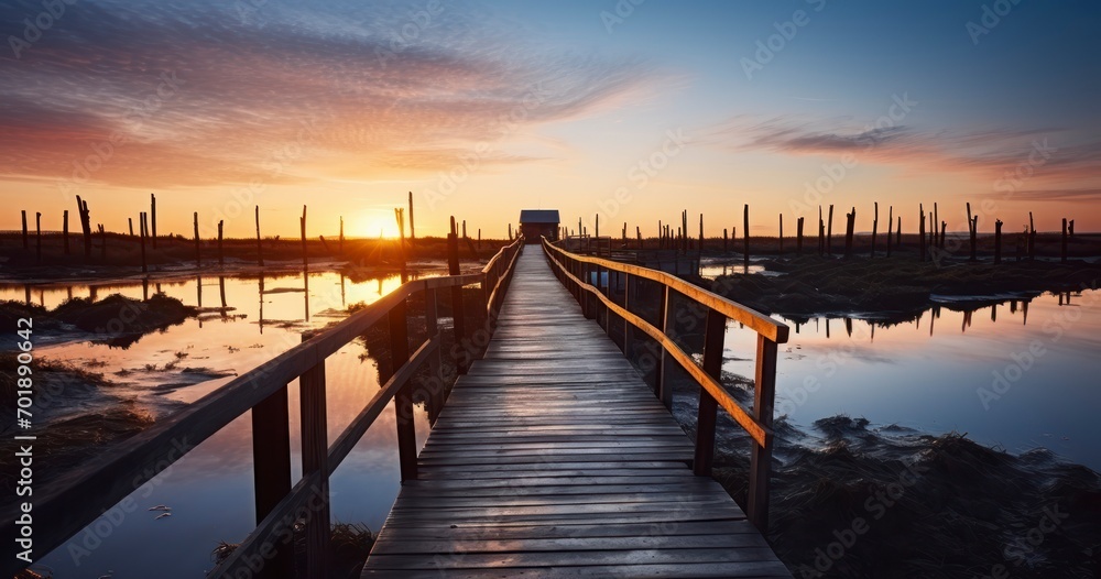 The Serene Beauty of a Wooden Boardwalk Bathed in Sunset Hues. Generative AI