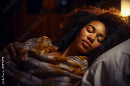 Beautiful african american woman sleeping under blanket in bed at night