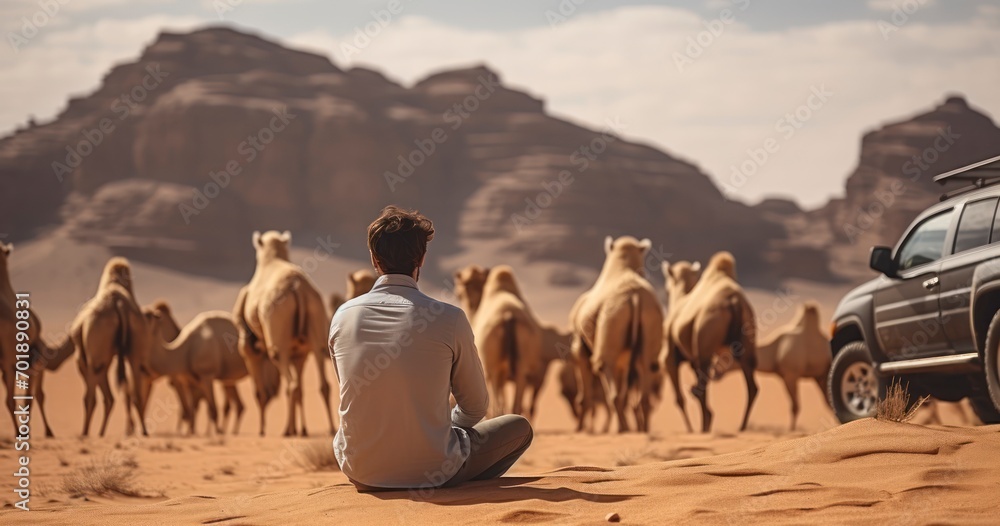 Fototapeta premium A Young Man's Harmonious Bond with Camels in the Sun-Drenched Desert. Generative AI