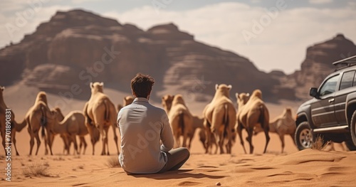 A Young Man's Harmonious Bond with Camels in the Sun-Drenched Desert. Generative AI
