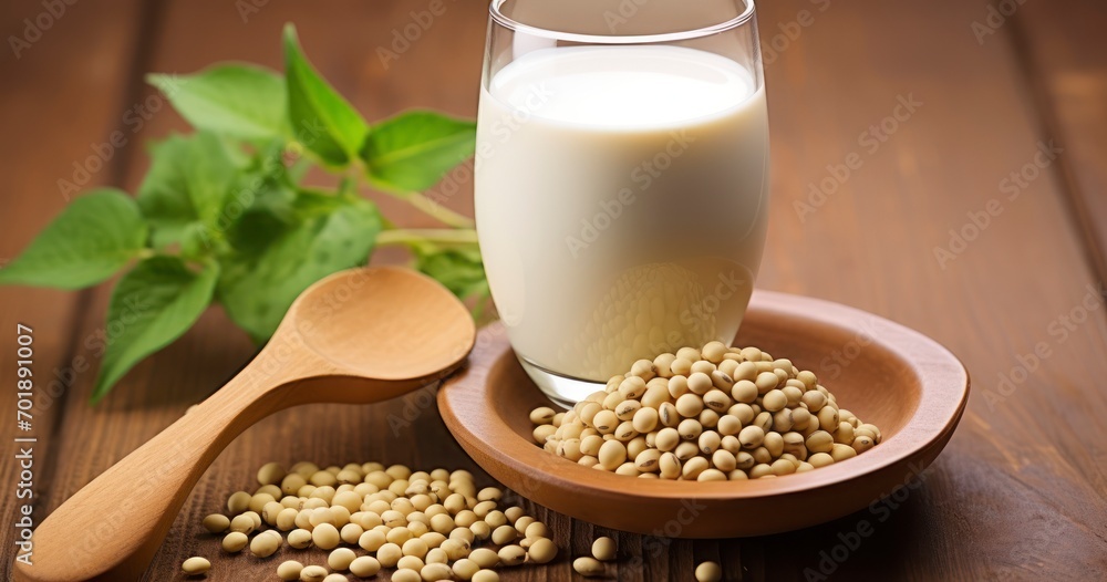 The Simple Elegance of Soy Milk and Beans on a Rustic Wooden Background. Generative AI The Simple Elegance of Soy Milk and Beans on a Rustic Wooden Background. Generative AI