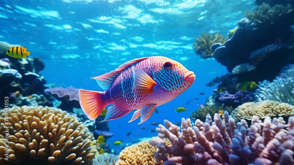 Fototapeta premium A Wrasse (Labridae) in a playful interaction with a cleaner fish, set against a backdrop of a pristine coral reef.