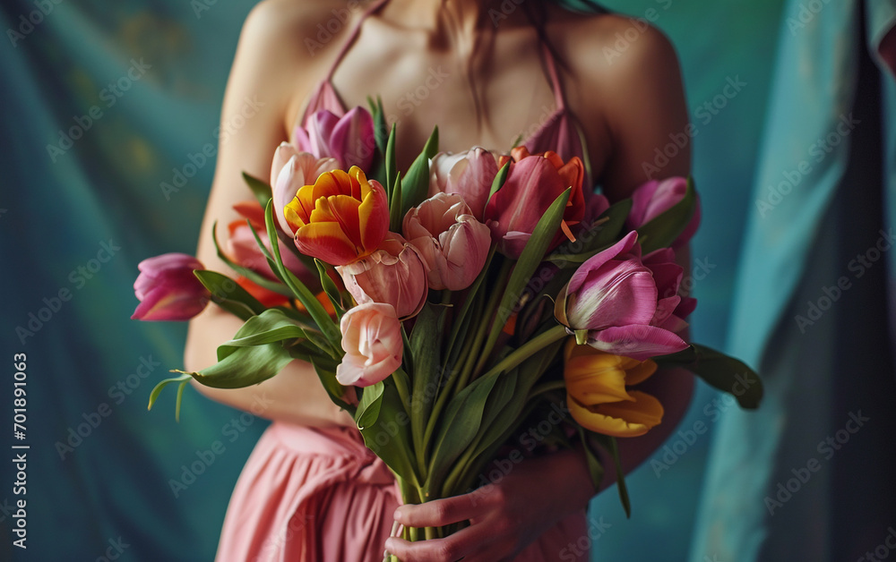 International Women's Day. Charming brunette young woman holding tulip bunch. International Women's Day. Charming brunette young woman holding tulip bunch.