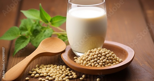 The Simple Elegance of Soy Milk and Beans on a Rustic Wooden Background. Generative AI