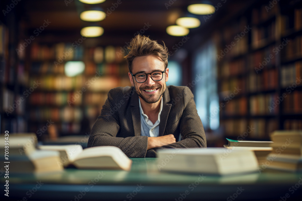 Portrait of a smiling young man sitting at the table in library Portrait of a smiling young man sitting at the table in library