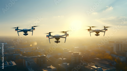 Drones over city, surveillance and control concept photo