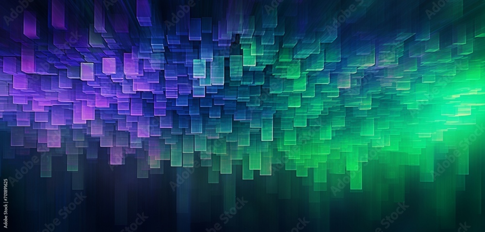 Abstract digital pixel design featuring an aurora borealis effect in green and purple on a 3D textured wall, highlighting abstract digital pixel design
