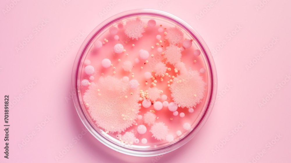 Petri dish with bacterial culture on pink background Petri dish with bacterial culture on pink background