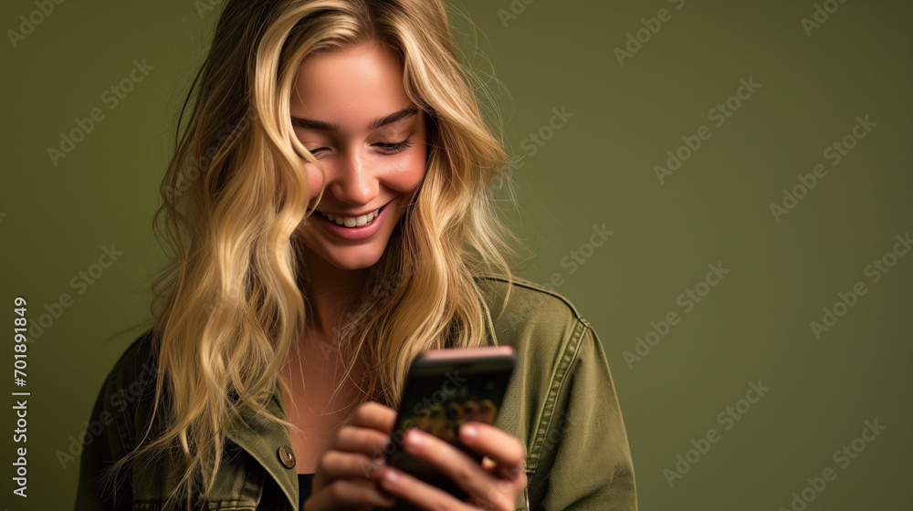 A young blond woman is looking at a smartphone screen against a green monochrome studio background. A young blond woman is looking at a smartphone screen against a green monochrome studio background.