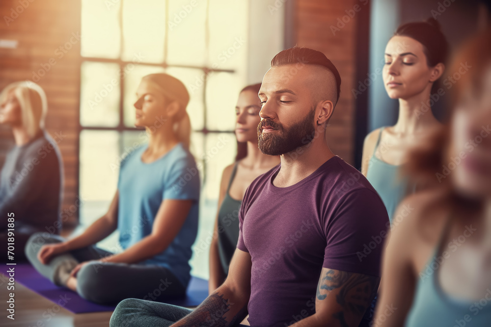 Group of young people in yoga class. Group of young people in yoga class.