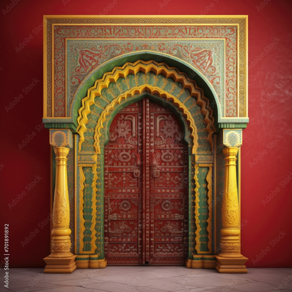 Door Design Indian and Arabic Style Red Yellow Golden White Color LED Wall VJ Created with Generative AI Technology
