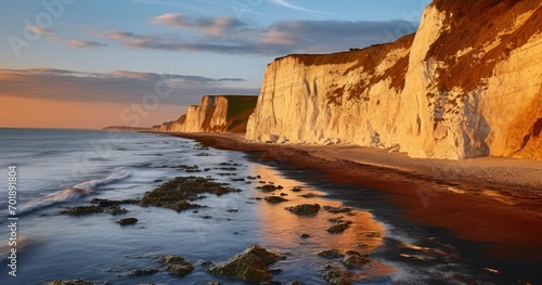 The Majestic Chalk Cliffs Along the Atlantic Coast Bathed in Dusk s Golden Light. Generative AI