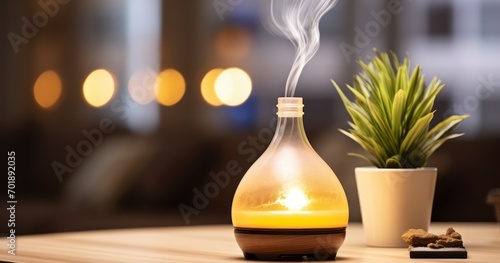 The Artistic Presence of an Aroma Lamp on a Table, Radiating Relaxing Fragrances. Generative AI