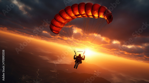 Paratrooper in the sky, sunset light