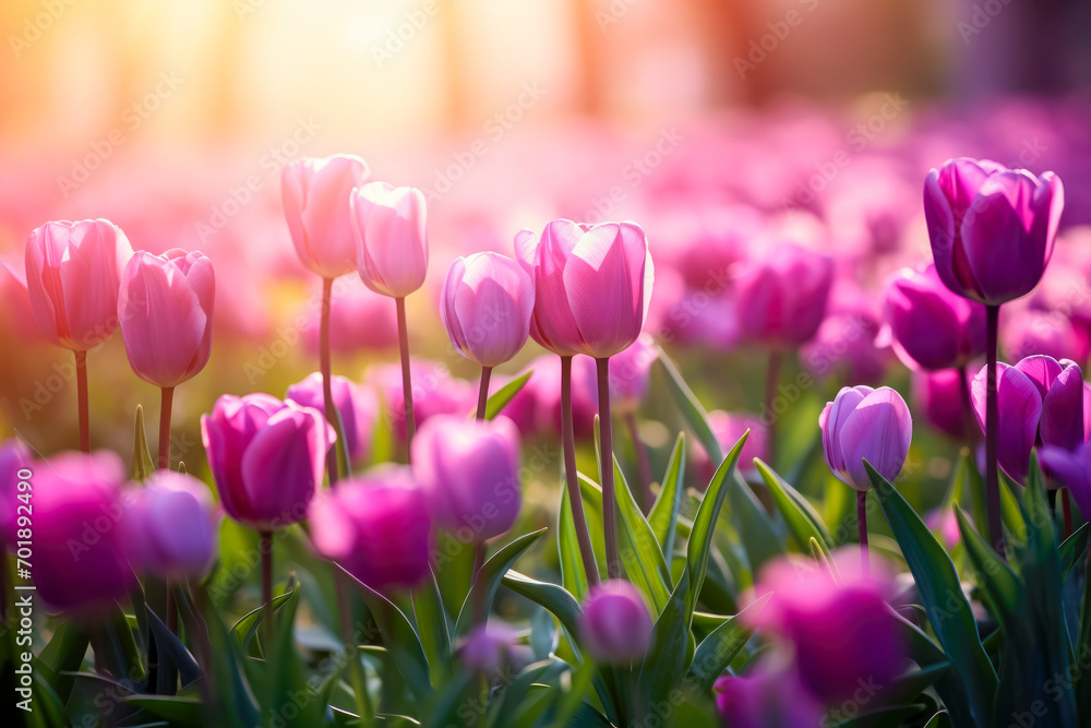 Fototapeta premium Pink tulips in the garden. Spring flowers. Nature background.