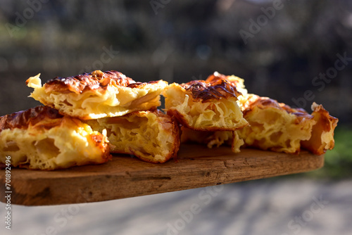 Bakery .Home made cheese pie with phyllo pastry and organic eggs. Bulgarian banitsa