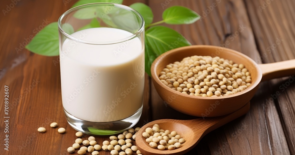 Fresh Soy Milk and Soybeans Elegantly Arranged on a Wooden Surface. Generative AI Fresh Soy Milk and Soybeans Elegantly Arranged on a Wooden Surface. Generative AI