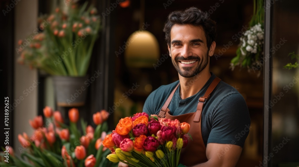 handsome florist holding bouquet in flower shop