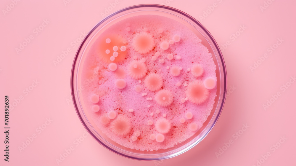 Petri dish with bacterial culture on pink background - obrazy, fototapety, plakaty 