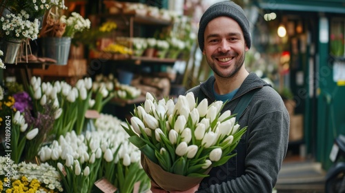 handsome florist holding tulips bouquet in flower shop